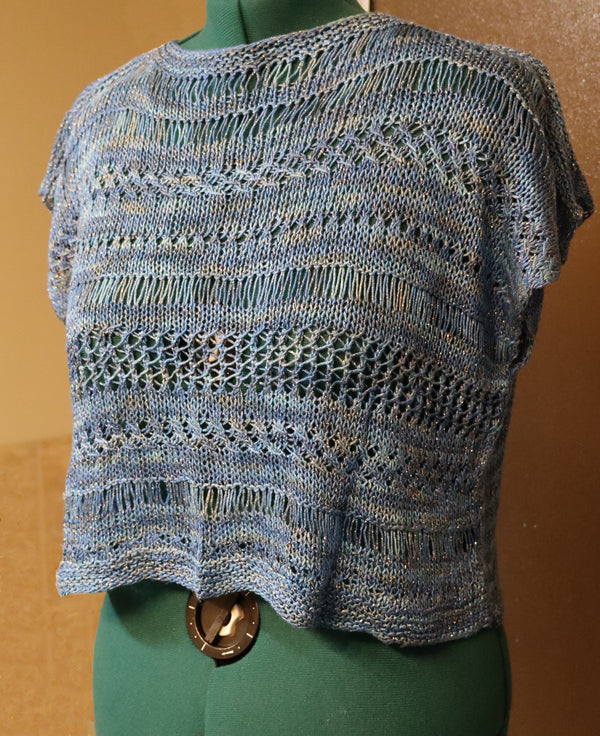 Metallic blue hand knit beach cover up lightweight coastal knitwear