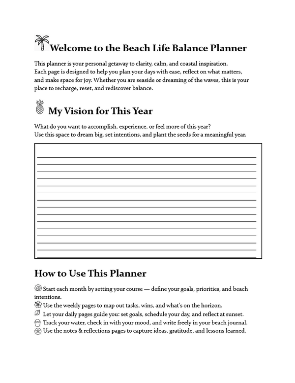 Beach Life Balance Planner Sample Page