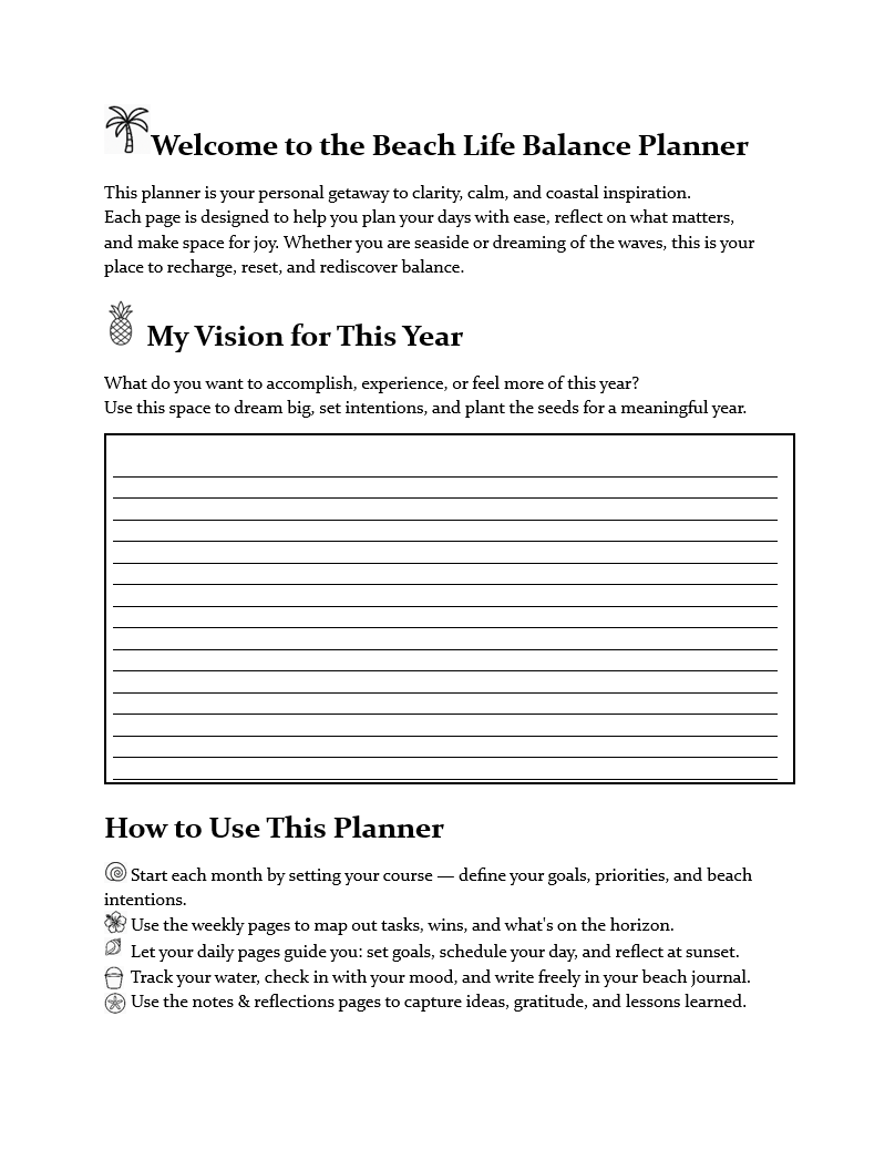 Beach Life Balance Planner Sample Page