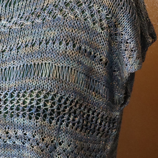 Metallic blue hand knit beach cover up lightweight coastal knitwear
